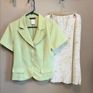Tabloid Pastel Green Blazer and Floral Lined Skirt Set
